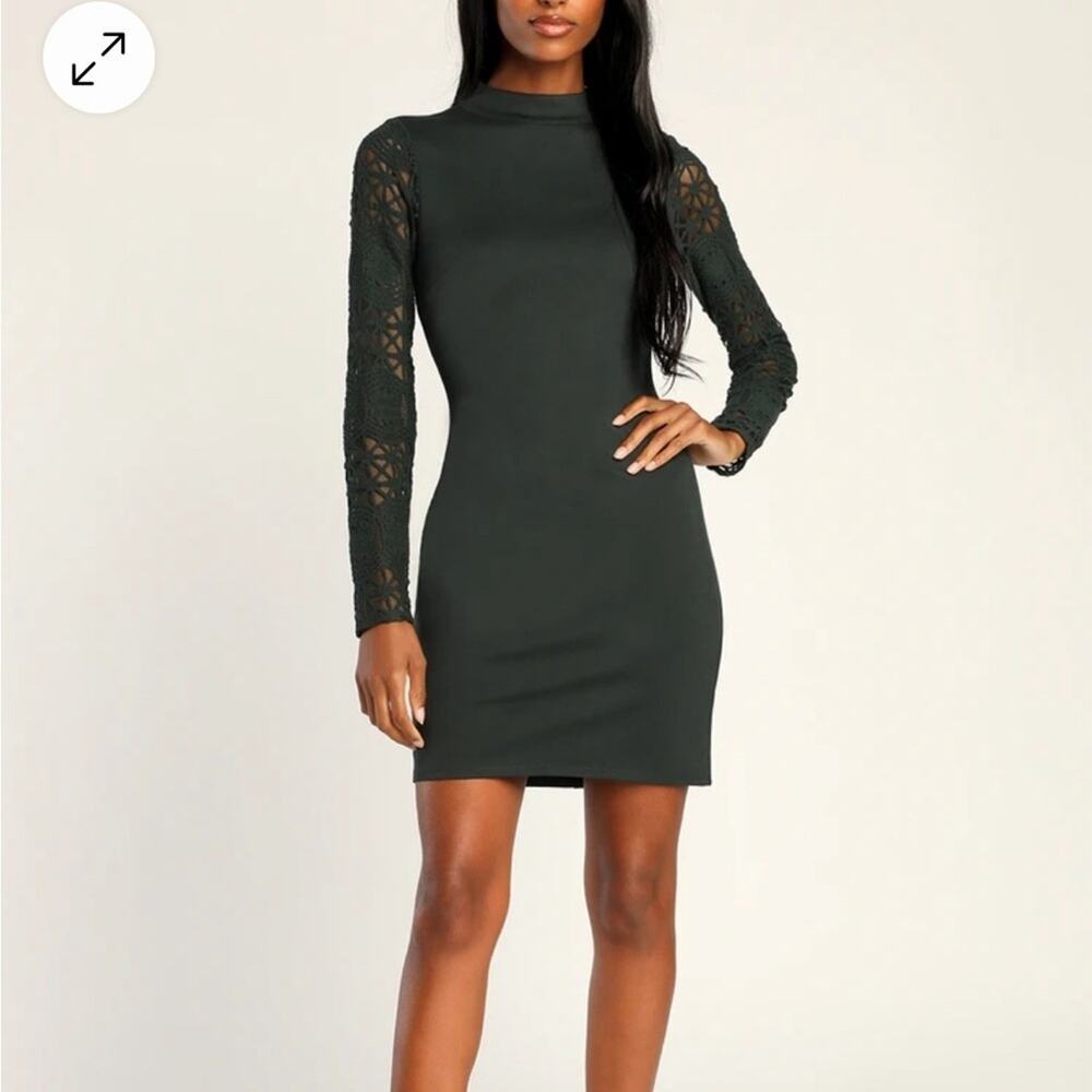 Lulu's Dark Green Mini Dress with Long Sleeve and lace -Size Small
